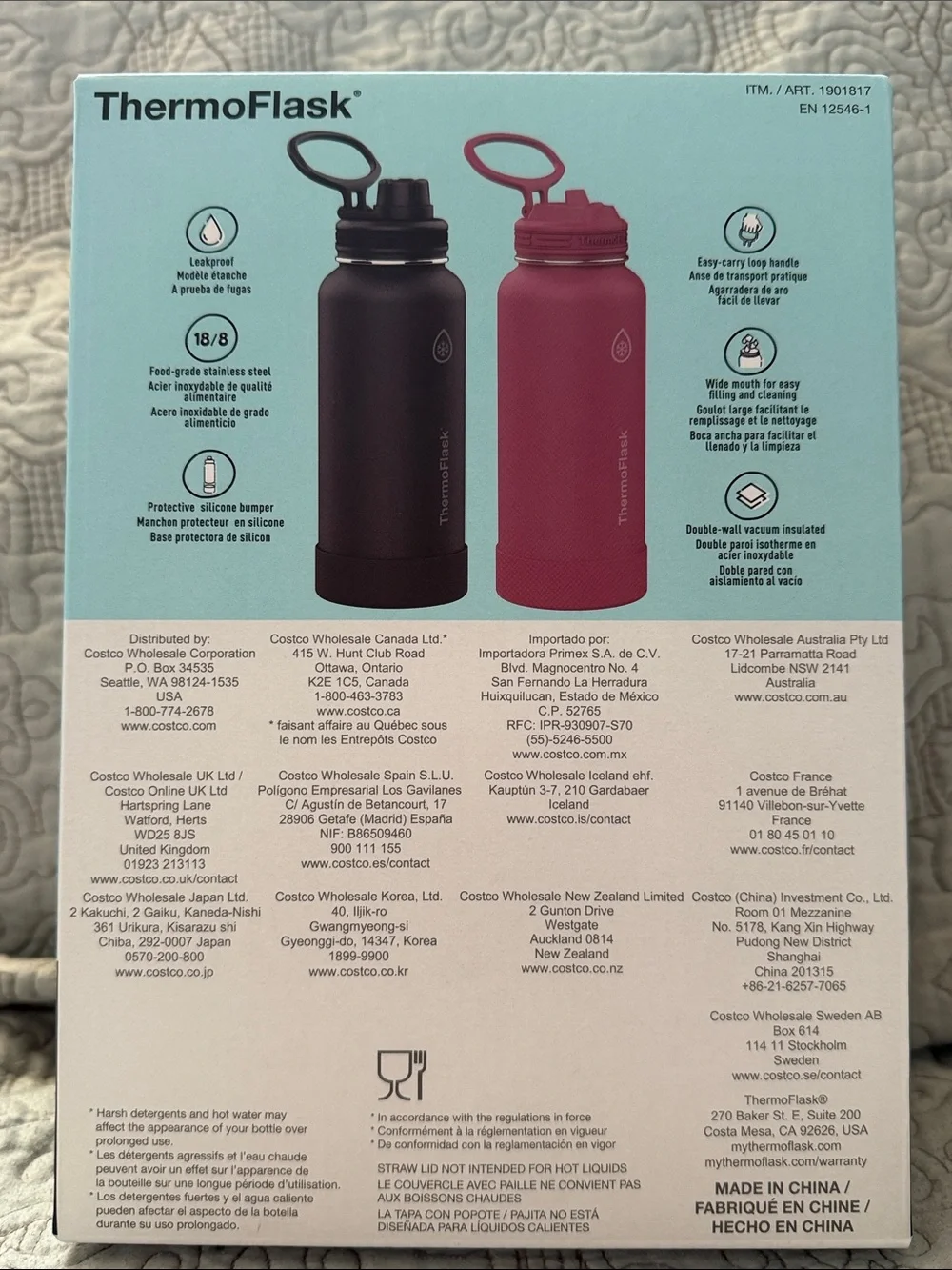 ThermoFlask Leakproof Insulated Water Bottle Set - Black & Pink